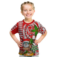 Kids red graphic Christmas beach T-shirt with Santa, surfboard and green leaf pattern