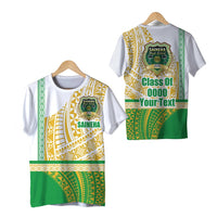 Short-sleeve T-shirt with green-and-gold patterned front on white base, two views