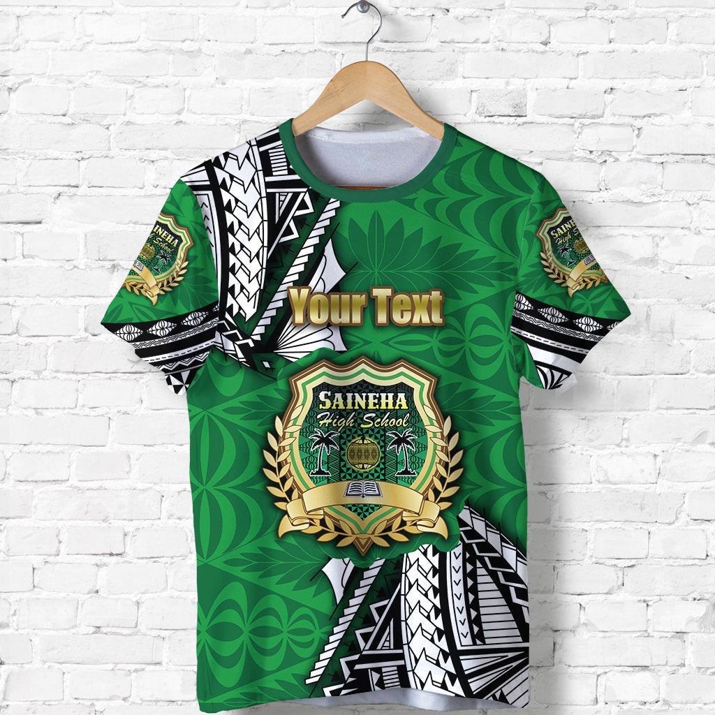 Green Polynesian T‑shirt on hanger, 'Your Text' and school crest front design
