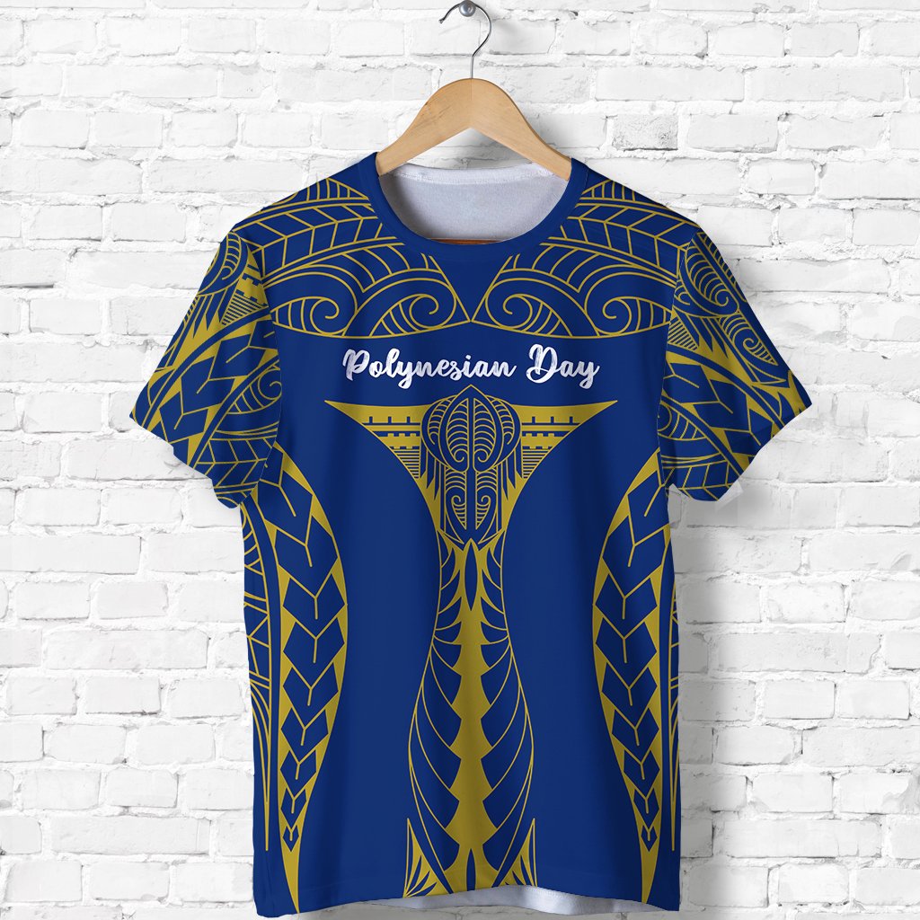 Blue T-shirt with Polynesian Day text and gold tribal bull head emblem, front view