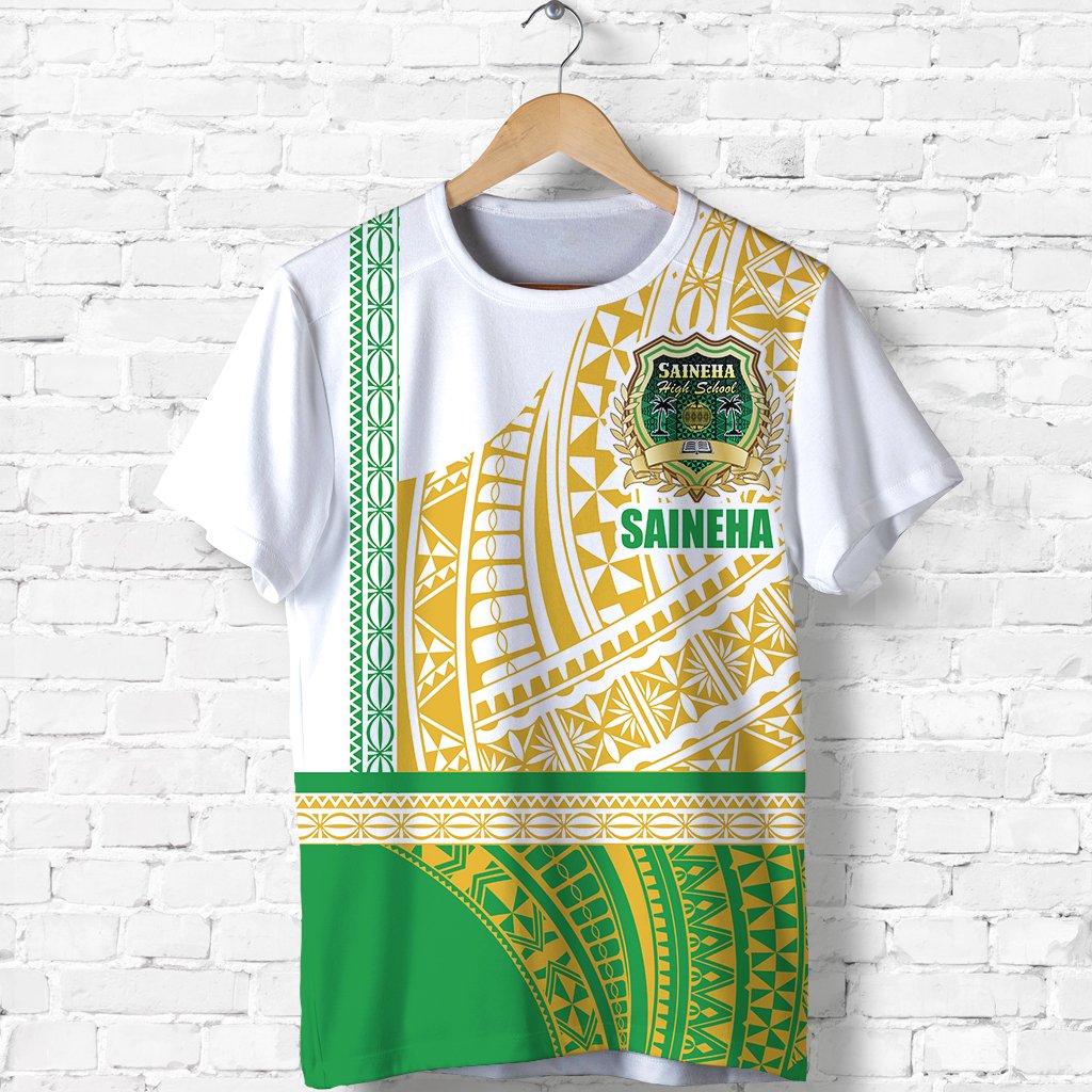 Green-and-gold graphic short-sleeve T-shirt on white base, crew neck