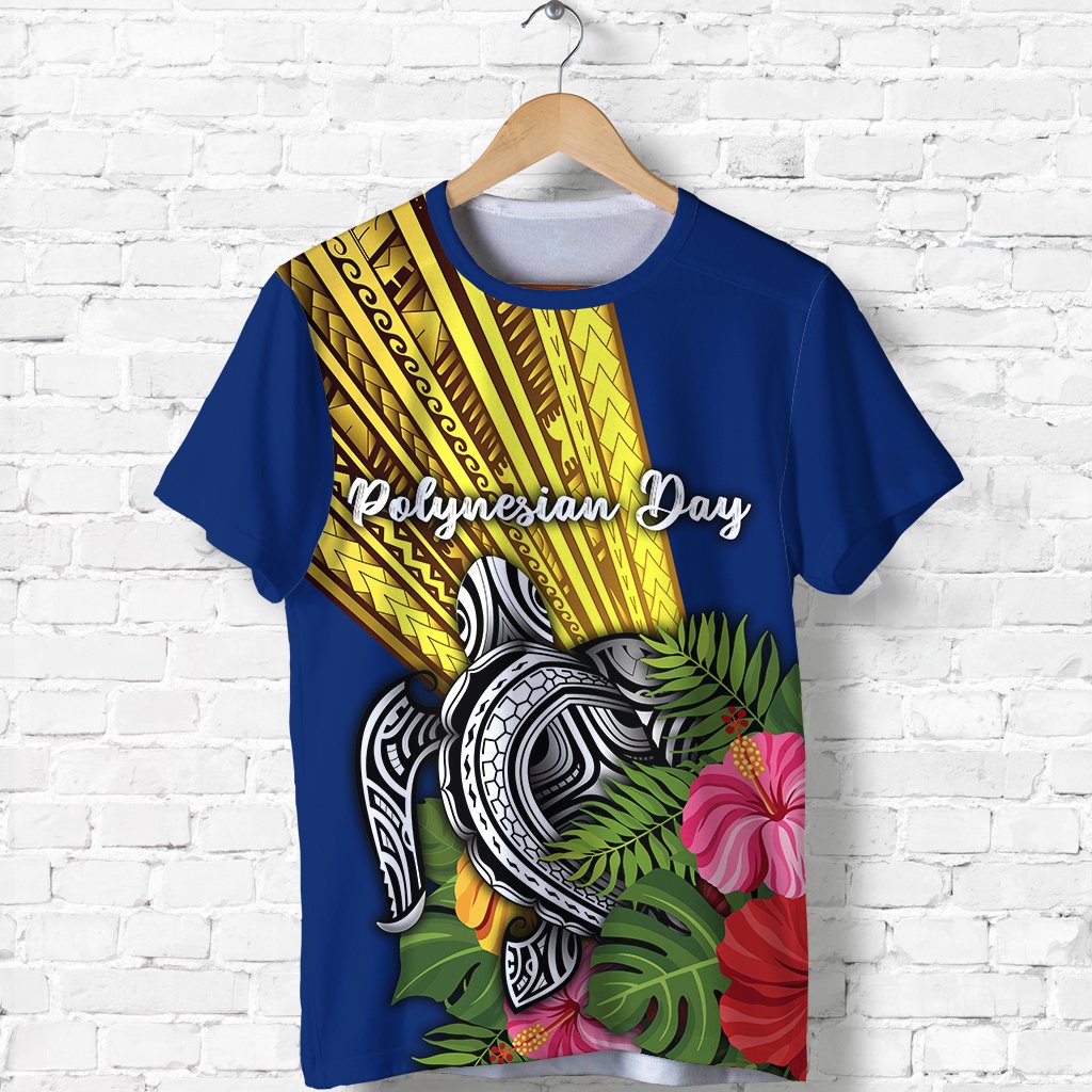 Blue Polynesian Day T-shirt, bold diagonal tribal sun and whale graphic front