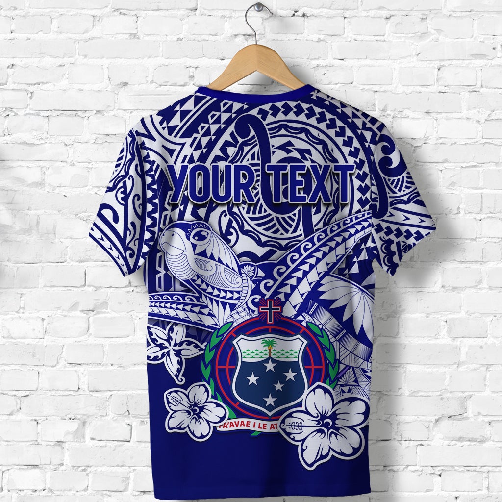 Blue Samoa Polynesian T-shirt back with 'YOUR TEXT' and turtle crest design