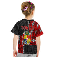 Kid Tonga tee back view: red/black tribal print with crest and TONGA text