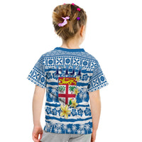 Kids blue Fiji tapa graphic T-shirt back view with large FIJI text and shield