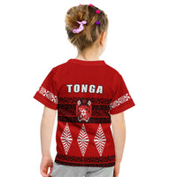 Kids red Tonga T-shirt back view, large TONGA text and crest graphic