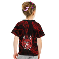 Kid Tonga pattern T-shirt, black/red tribal print with crest graphic back view