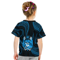 Kids Tonga pattern T-shirt, back view with blue tribal print and crest