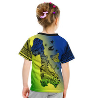 Kids yellow T-shirt back graphic with tribal patterns, blue sleeves, black crew neck