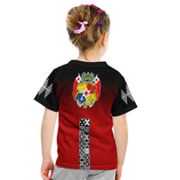 Kids red T-shirt back view with crest and vertical Tongan tapa pattern on black