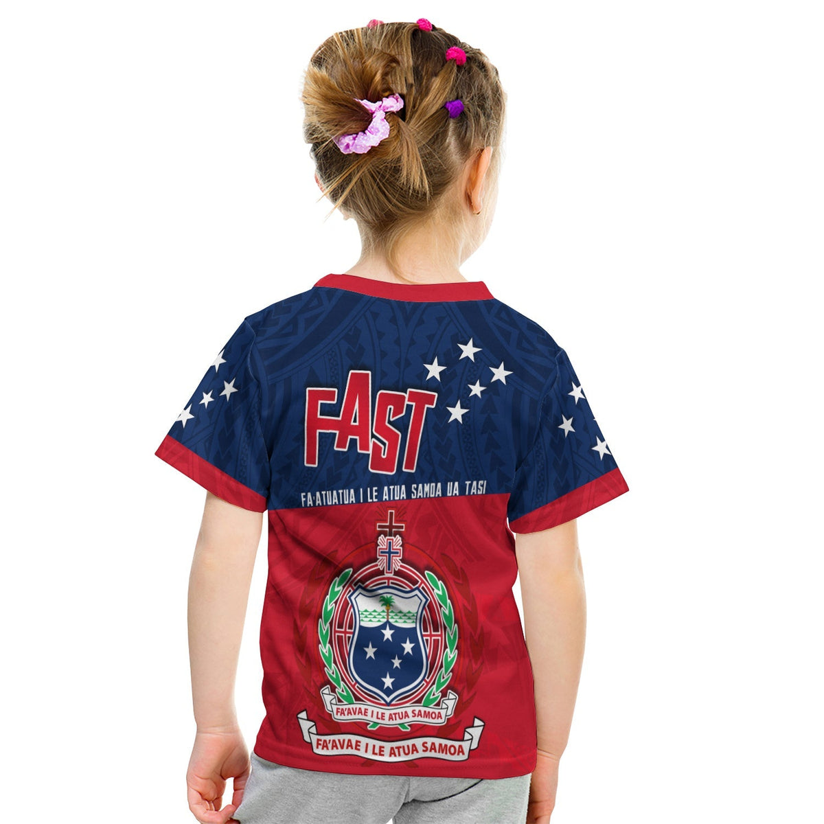 Kid FAST Samoa T-shirt back, navy and red with crest emblem and stars