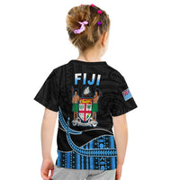 Kid black Fiji T-shirt, back view with FIJI text, island figures, blue patterned hem
