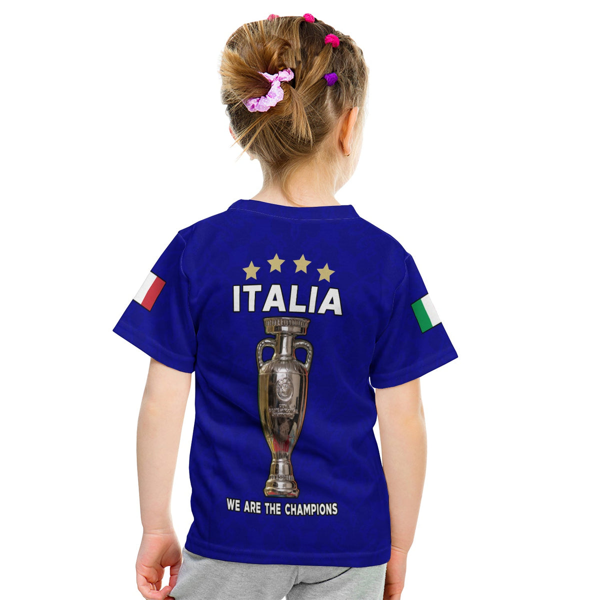 Back view: royal blue kids Italy T-shirt with trophy graphic, ITALIA text, 'We Are the Champions'