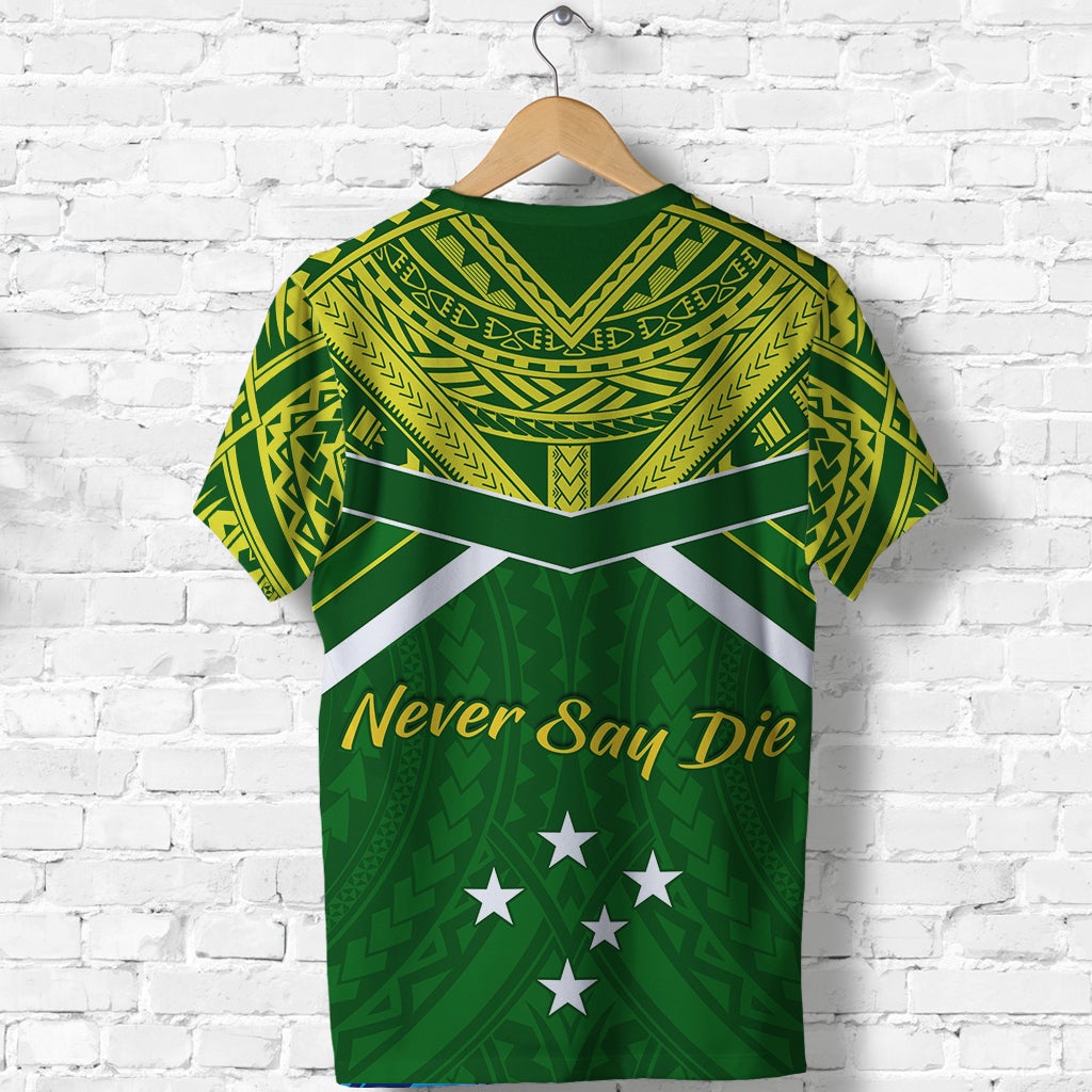Green T-shirt with 'Never Say Die' print, white chevron, star accents