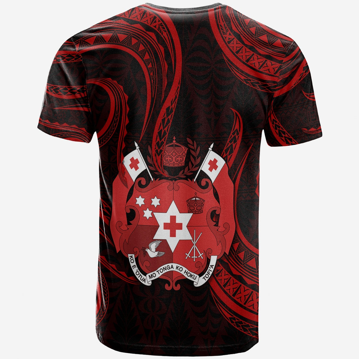 Red-and-black Tonga graphic T-shirt back, centered coat-of-arms crest