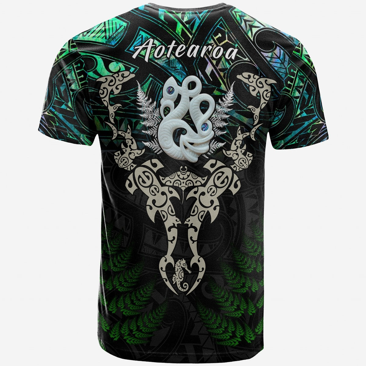 Aotearoa Paua Shell T Shirt Maori Manaia and Fish LT13 - Wonder Print Shop