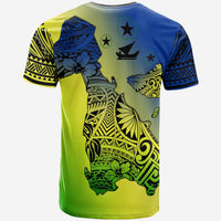 Yellow T-shirt with blue sleeves and large island graphic; back print with symbols
