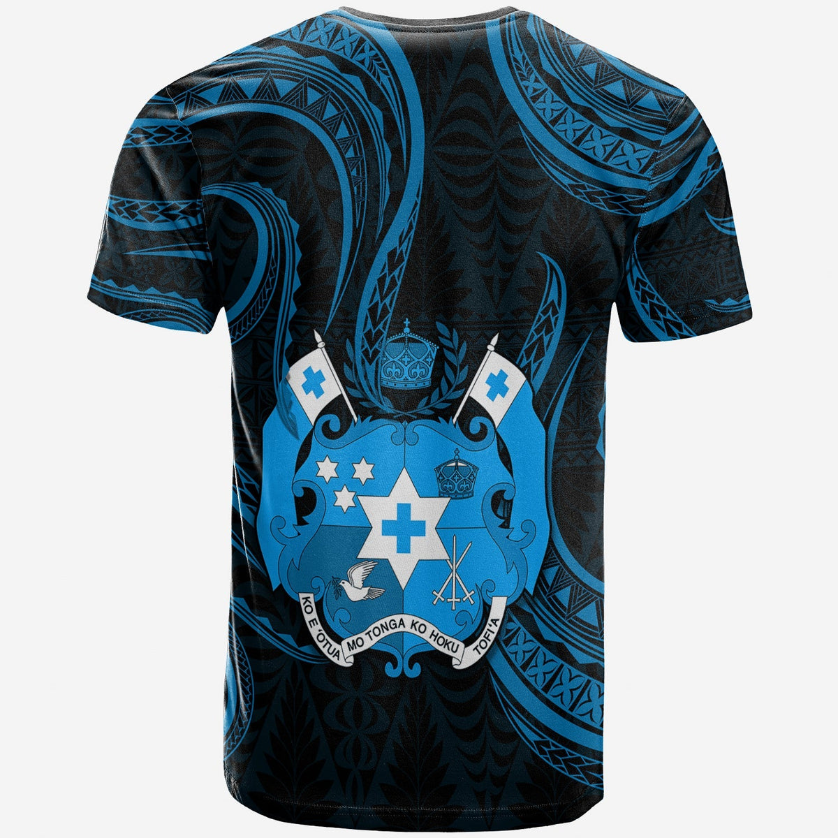 Back view Tonga graphic T-shirt, dark navy with blue crest and cross icons