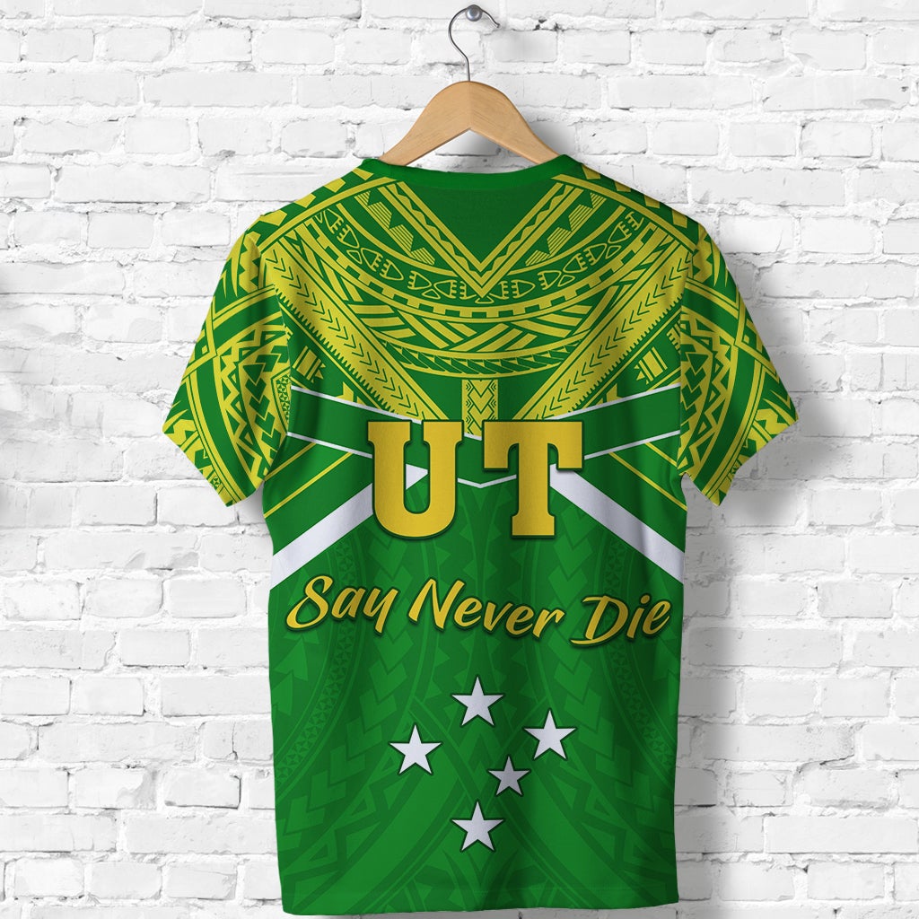 Green Polynesian T-shirt back with “UT”, “San Never Die” text and five stars