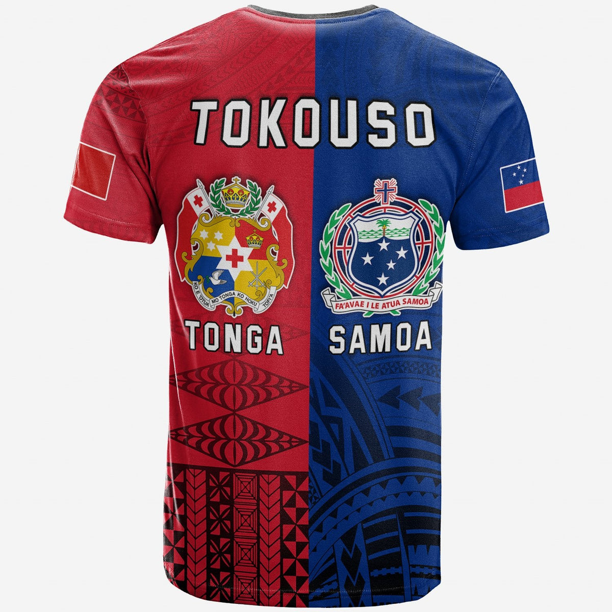 Back view red and blue T-shirt with TOKOUSO text and Tonga/Samoa coat-of-arms