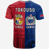 Back view red and blue T-shirt with TOKOUSO text and Tonga/Samoa coat-of-arms