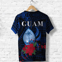 Blue Guam T-shirt, large 'GUAM' back text with jellyfish and red hibiscus flowers