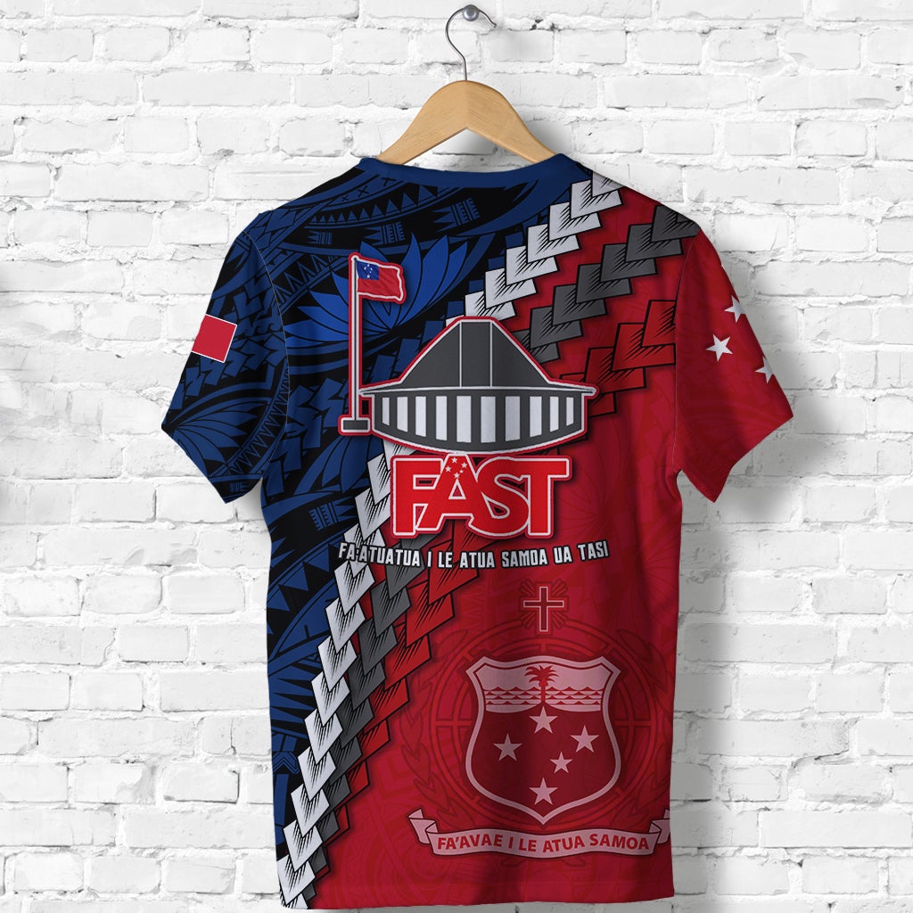 Back view red and blue T-shirt with sail-flag graphic and FAST text on shield