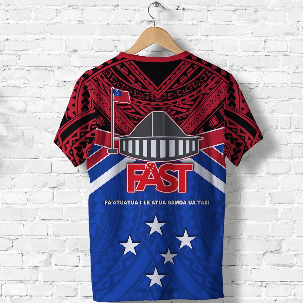 Red FAST Samoa T-shirt back with tribal sleeves, striped flag, and star emblem