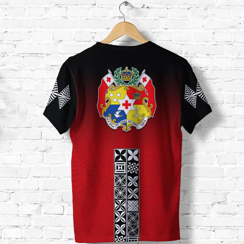 Red Tongan tapa T-shirt back with crest emblem and vertical black-and-white pattern panel