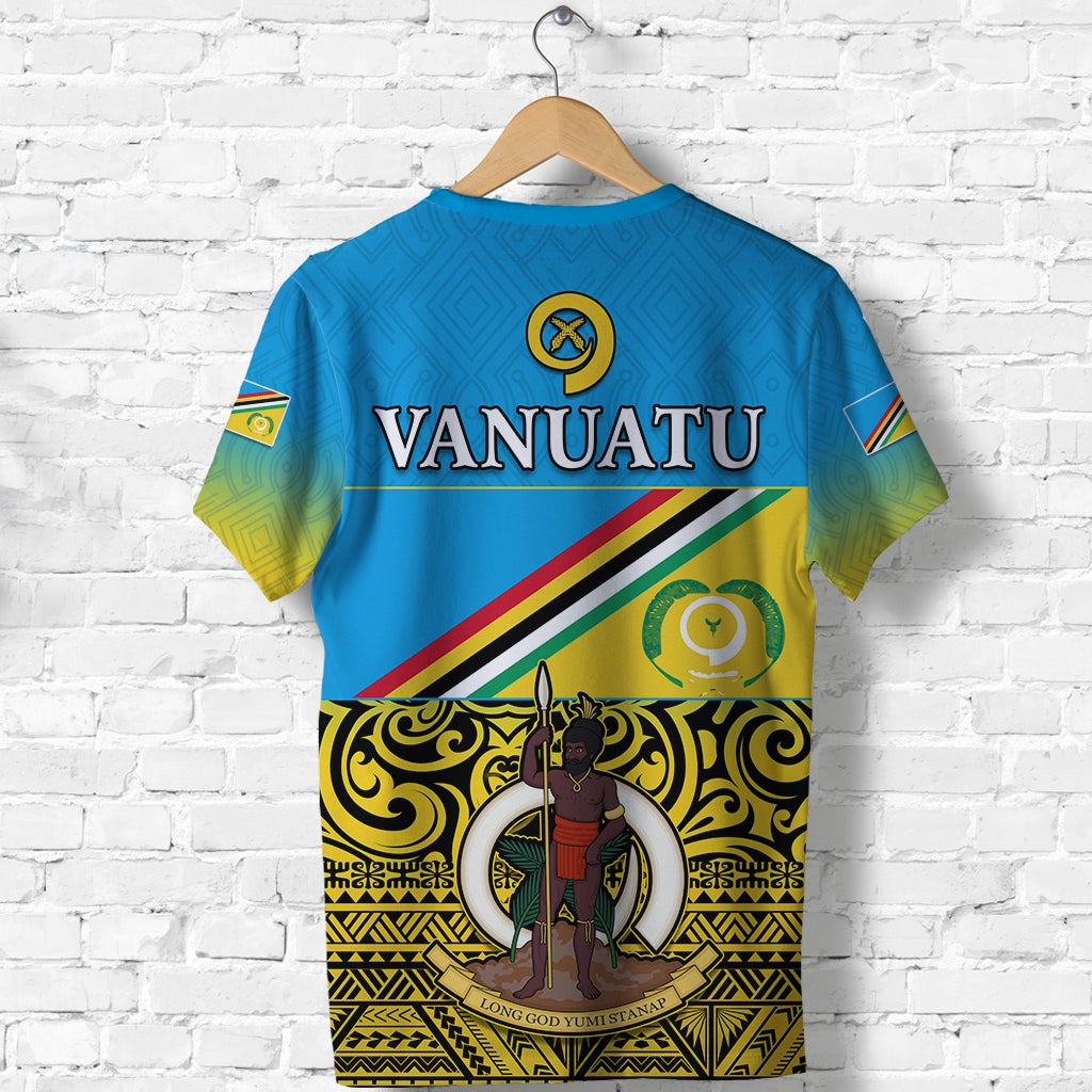Blue T-shirt back with VANUATU text, shield emblem, and character print