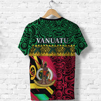 Green Vanuatu graphic T-shirt with back print, Vanuatu text, and central emblem flag design