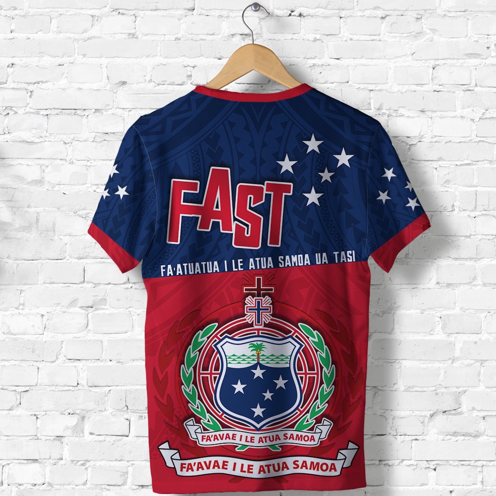 Back view red and navy T-shirt with FAST text, crest emblem, and star pattern