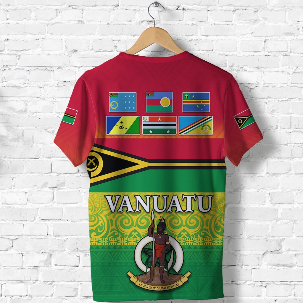 Red Vanuatu T-shirt back with row of six provinces flags, 'VANUATU' and emblem circle