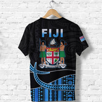 Black Fiji graphic T-shirt with FIJI text, Polynesian figures, and blue patterned band