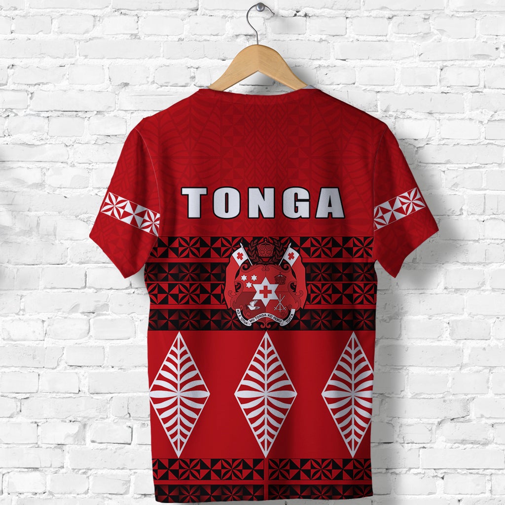 Red Tonga T-shirt back with large TONGA lettering and leaf-pattern graphics