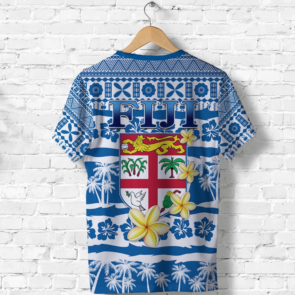 Blue Fiji tapa T-shirt back with large Fiji text and shield print, floral and palms