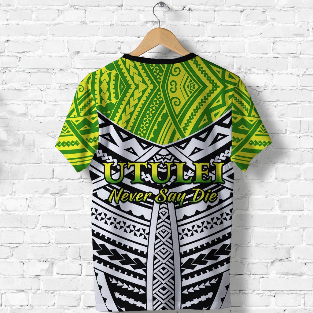 Green and black patterned back print T-shirt with large white text "Never Say Die"
