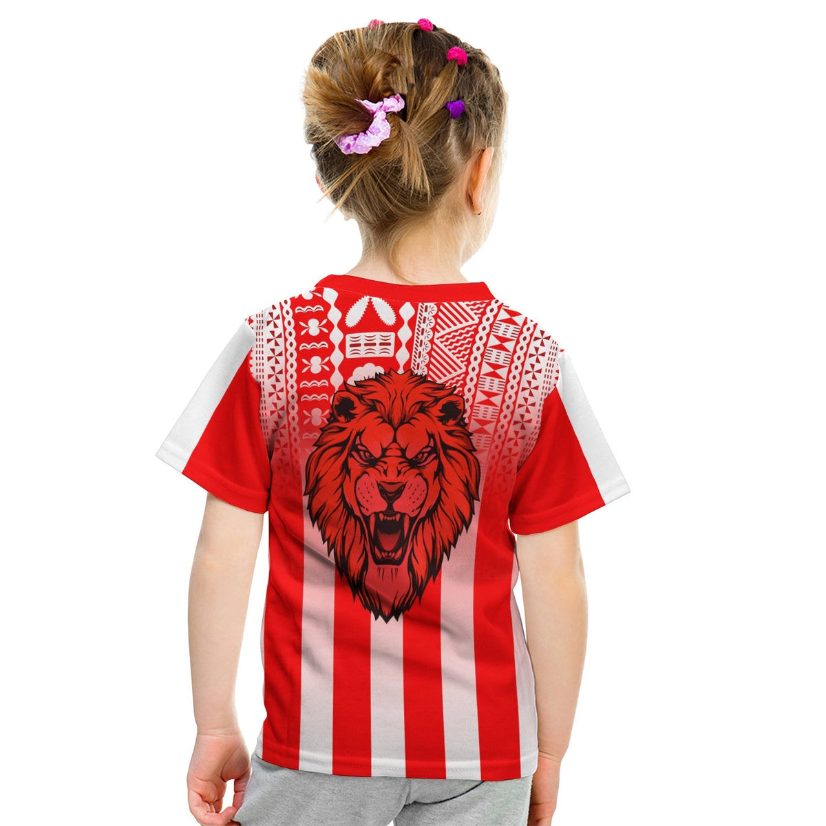 Kid red/white T-shirt back view with roaring lion and patterned yoke