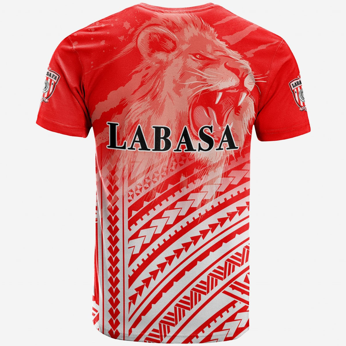 Red football T-shirt back view with large LABASA text and tribal design