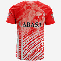 Red football T-shirt back view with large LABASA text and tribal design