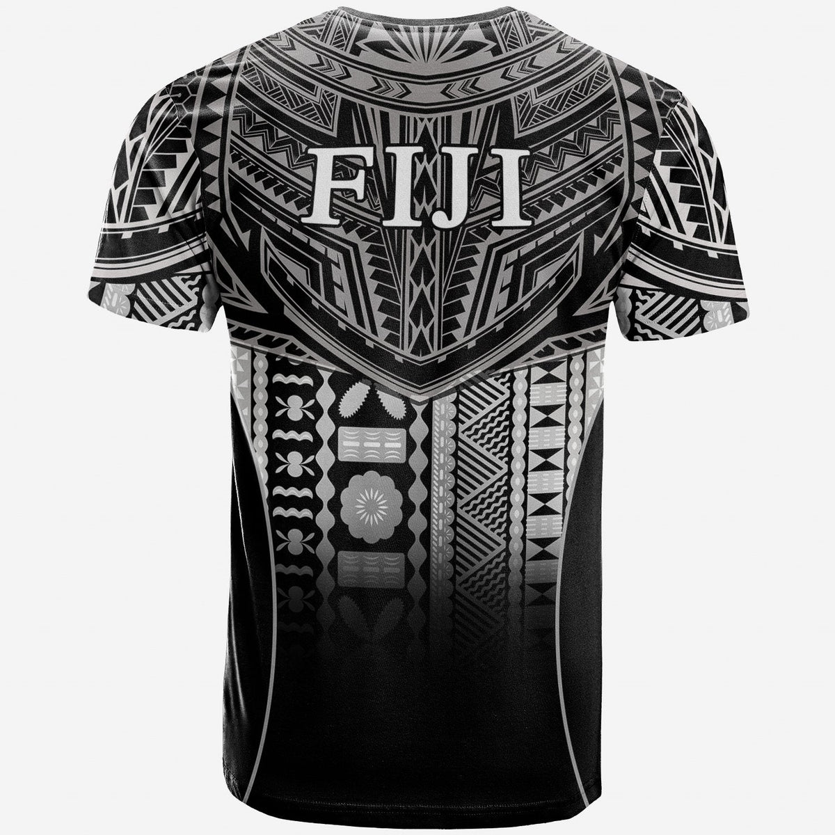 Black T-shirt back with large tribal pattern and 'FIJI' lettering across the upper back