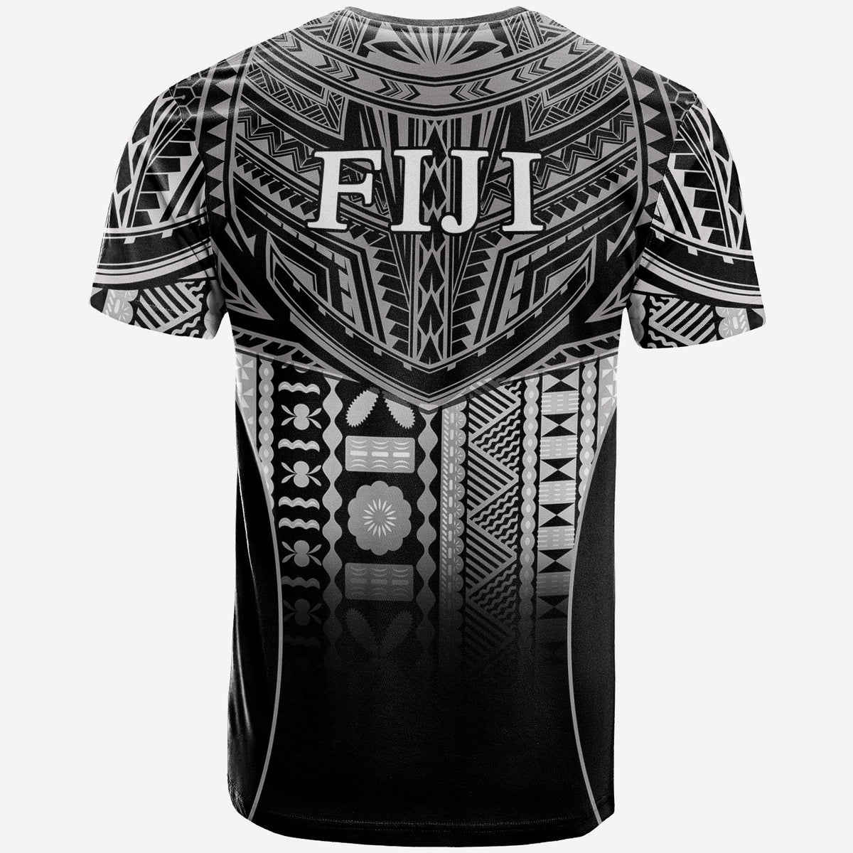 Black T-shirt back with large FIJI text and tribal geometric pattern