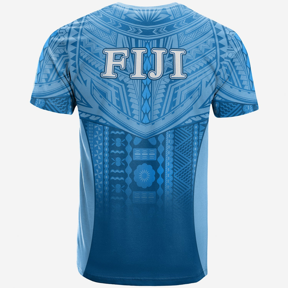 Blue Fiji Faithful T-shirt back with large FIJI lettering over tribal pattern