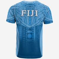 Blue Fiji Faithful T-shirt back with large FIJI lettering over tribal pattern