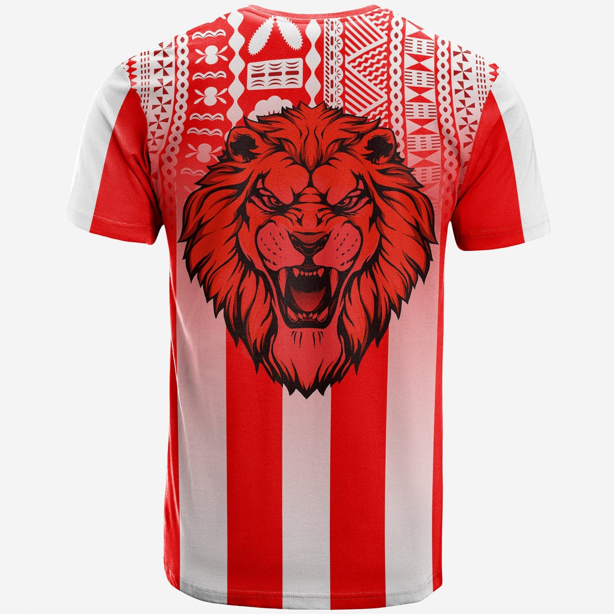 Adults red/white striped T-shirt with large lion head graphic and patterned yoke