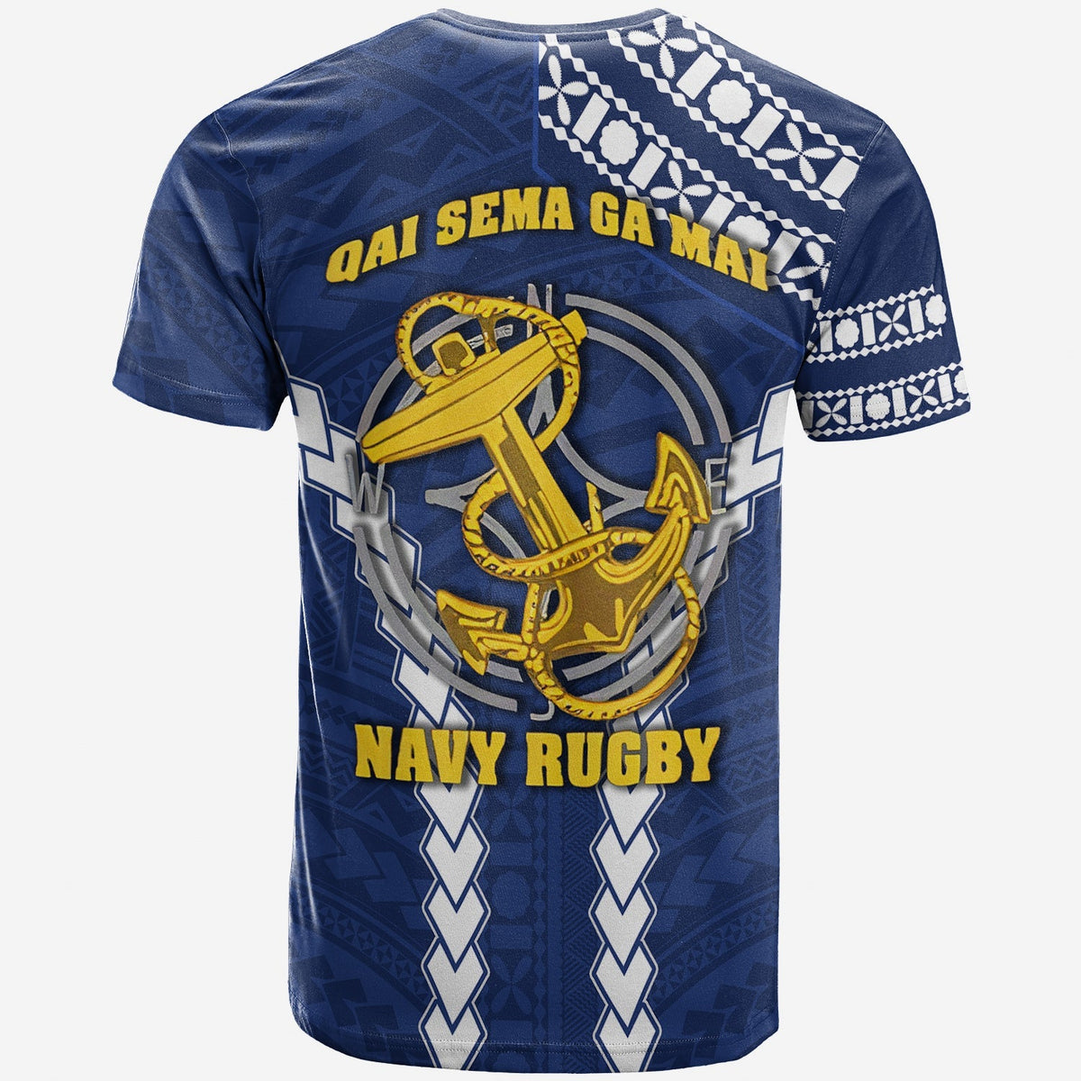 Fiji navy T-shirt back with yellow anchor graphic, white patterned trim, short sleeves