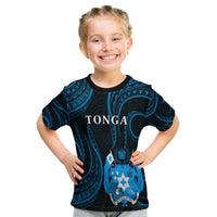 Kids Tonga pattern T-shirt, blue tribal print with front crest graphic
