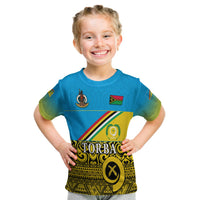 Kids blue T-shirt with Vanuatu flag print, Torba text and cultural emblem