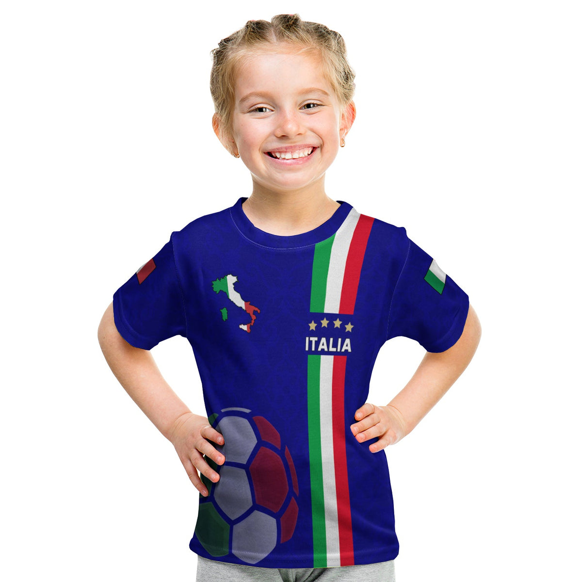 Royal blue kids Italy T-shirt: soccer ball, ITALIA text, flag stripes, star badge