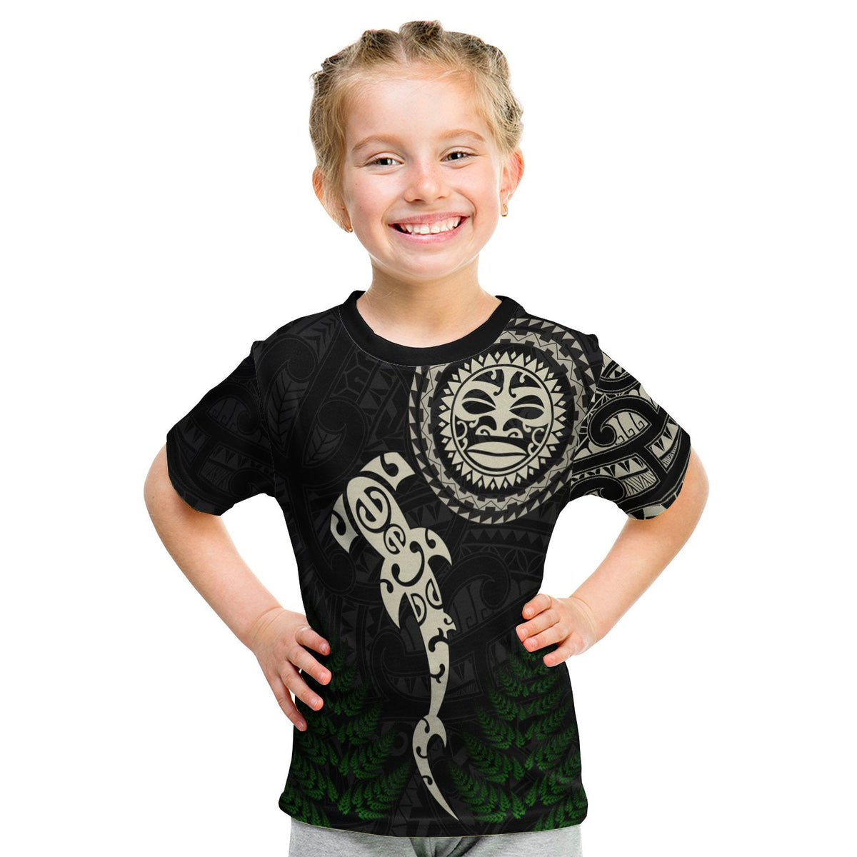Aotearoa Fern T Shirt KID Maori Manaia and Fish LT13 - Wonder Print Shop